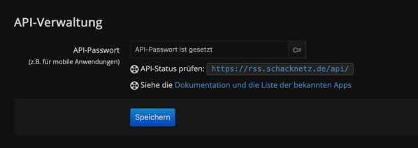 Bildschirmfoto 2026-02-18 um 21.25.07.png API-Verwaltung von FreshRSS mit der Möglichkeit, ein API-Passwort zu vergeben, das für die Verwendung von FreshRSS in Verbindung mit Reader-Apps benötigt wird.