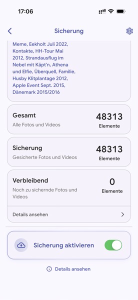 IMG_1167.jpeg Screenshot vom Back-up-Screen der Immich App mit Ansichten der gesamt verfügbaren und bereits gesicherten Fotos.